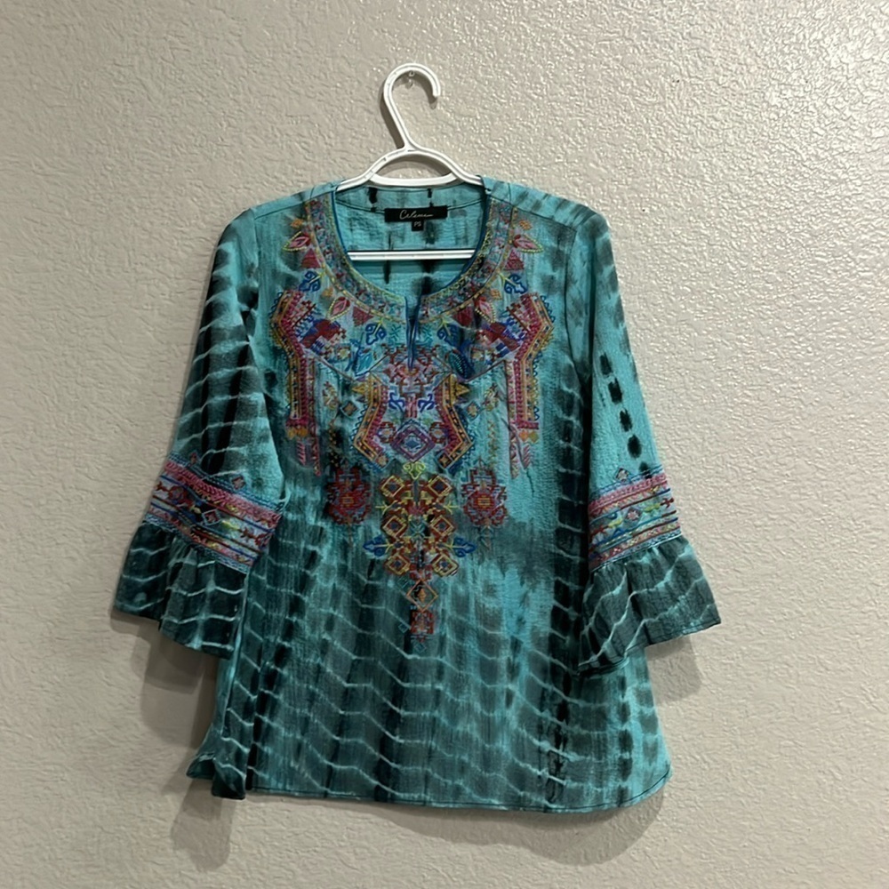 Calessa PS Women’s Embroidered Boho Tunic Top Blouse Tie Dye Bell Sleeves